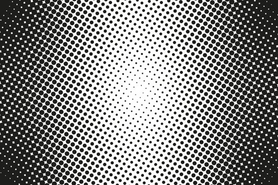 Abstract halftone texture with monochrome dotted pattern. Black and white gradient overlay with noise transition effect. Circle grainy dissolve template with dark vignette frame. Vector illustration.