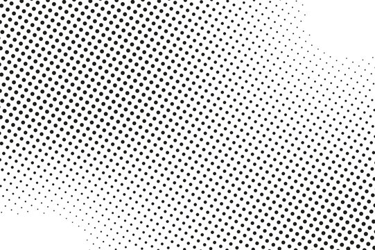 Abstract halftone texture with monochrome dotted pattern. Black and white gradient overlay with noise transition effect. Grainy dissolve template with light perforation corners. Vector illustration.