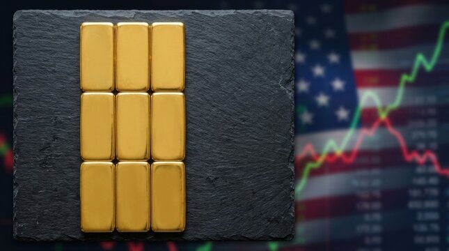 Stacked gold bars rest on a dark slate surface with a blurred background of the American flag and financial graph
