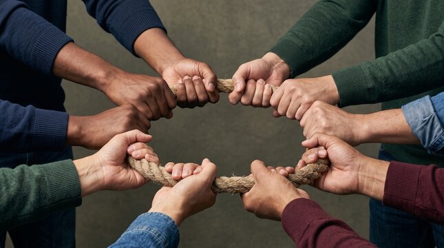Circle of diverse hands firmly holding thick jute rope together, depicting teamwork, unity, and strength in collaboration