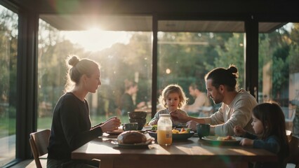 Fototapeta premium Family enjoying a warm, sunlit dinner together at home