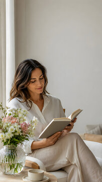 Young woman reading a book beside flowers in a bright living room  