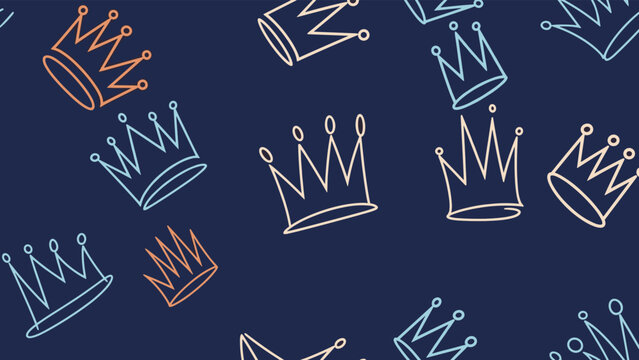 Whimsical seamless pattern featuring a playful scattering of outlined crowns in various colors (blue, orange, white) on a deep navy blue background, symbolizing royalty and fun.