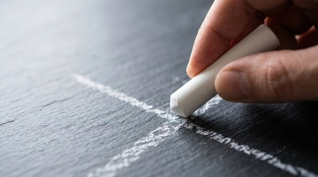 A hand draws intersecting white lines on a dark textured surface with a piece of chalk