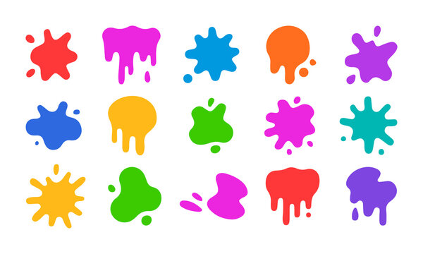 Vibrant colored slime drops and circular spray ink blobs collection for playful kids crafting designs digital layouts and cartoon background elements.