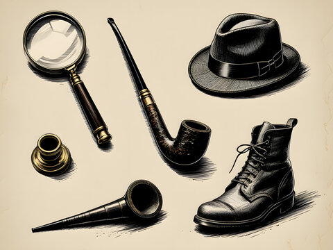 Classic detective props vector illustration featuring fedora hat, magnifying glass, and smoking pipe