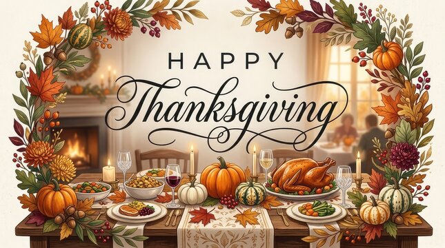 Happy thanksgiving dinner table with roasted turkey