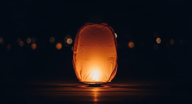 Glowing orange paper sky lantern resting on a dark surface at night with warm interior light and out-of-focus bokeh background lights during a traditional festival celebration.