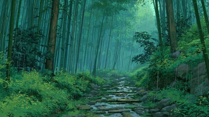 Obraz premium A serene stone path winds through a lush verdant bamboo forest during a gentle rain shower