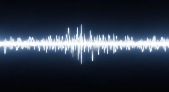 Glowing white digital audio waveform and sound frequency visualization with flickering peaks and valleys isolated on a dark blue and black background for music production technology.