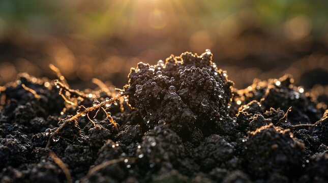 Extreme macro close up of rich moist dark soil clump with sparkling water droplets backlit by golden sun, highlighting fertile agricultural earth