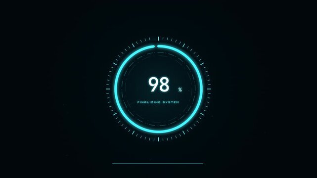 Futuristic digital progress bar showing system initialization and loading percentage on a dark interface.