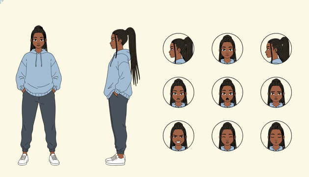 Female character design sheet showing full body front and side views with different facial expression avatars.