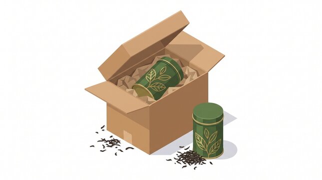 Isometric illustration of an open cardboard box with a gourmet tea tin
