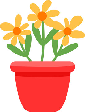 Cute Orange Flowers in Red Flower Pot, Simple Floral Vector Illustration