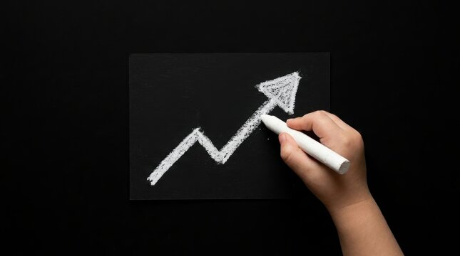 Hand drawing a white chalk arrow graph on a dark blackboard showing upward trend