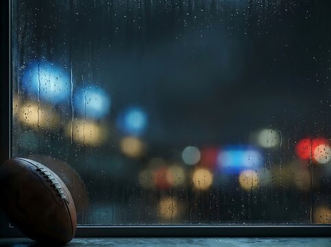 American football ball on window sill during rainy night