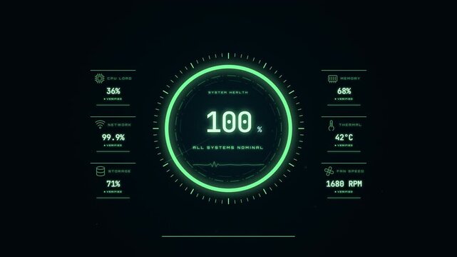 Futuristic digital dashboard showing system health diagnostic scan with animated progress indicators and data telemetry.