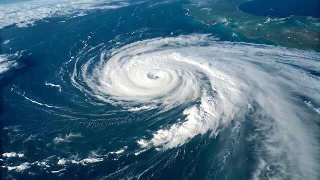 Massive tropical cyclone swirling over open ocean with dense cloud formation and calm eye