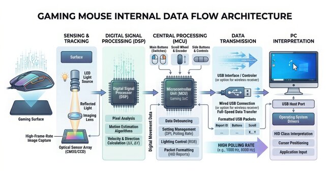 Gaming mouse internal data flow architecture diagram for tech enthusiasts