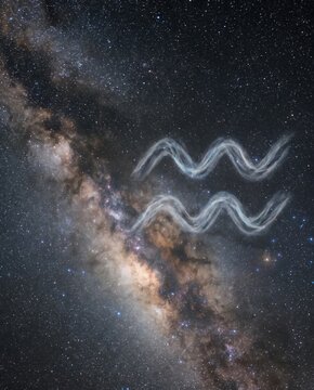 Aquarius zodiac sign formed by a glowing white double wave glyph against the diagonal band of the Milky Way, astrology and horoscope concept, vertical digital illustration