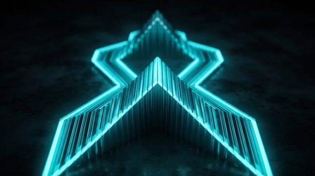 Glowing cyan neon star shape made of extruded metallic ridges stands out against dark concrete texture