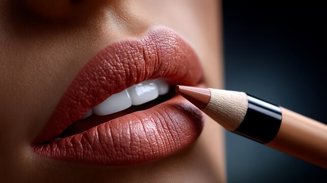 Close-up image shows lips, applied lip liner for definition, perfect teeth