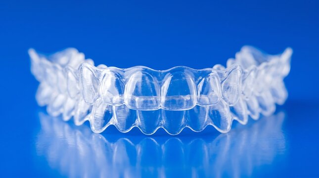 Clear dental aligners on a blue reflective surface