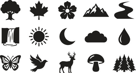 Fototapeta premium Set of nature icons including trees, mountains, river, waterfall, sun, moon, cloud, rain drop, butterfly, bird, deer, and mushroom