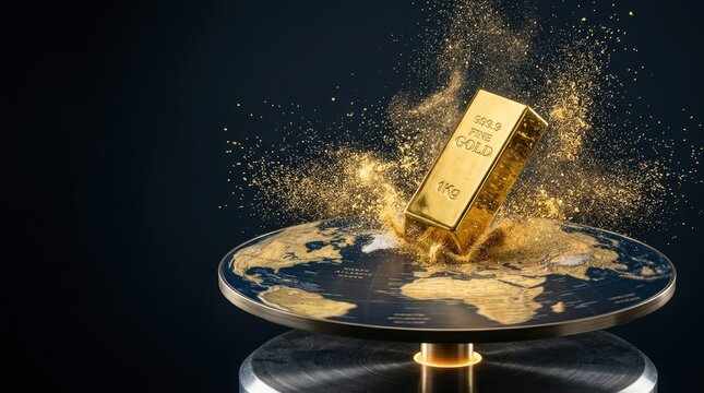 A lustrous 1kg gold bar is displayed on a spinning globe with scattering gold dust