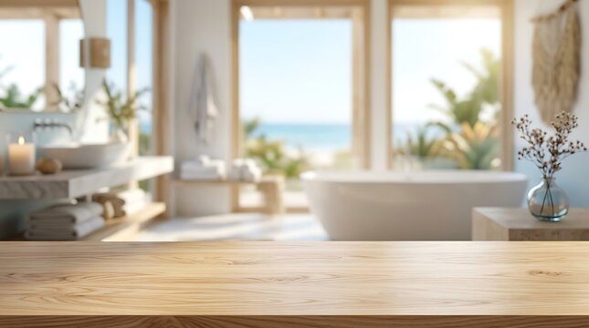 Empty wooden table top mockup for product presentation in luxury blurred bathroom interior with sea view background