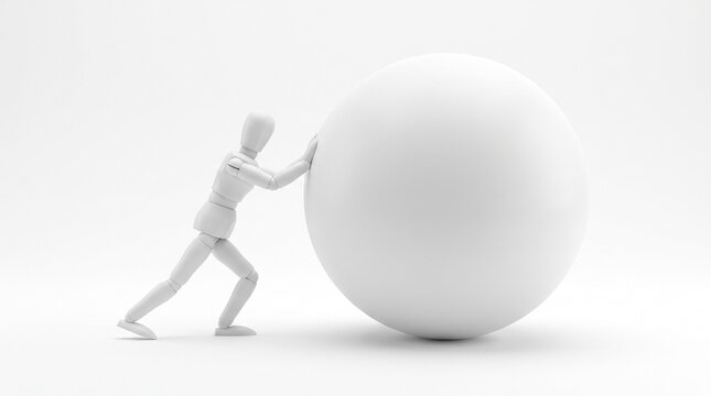 3D blank stick figure character pushing a large sphere with effort and determination on a white background isolated