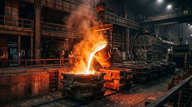 Glowing molten nickel metal pouring from heavy industrial crane ladle into mold with fiery sparks, highlighting metallurgical foundry production