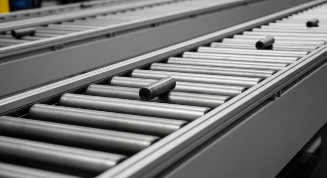 Industrial roller conveyor system section featuring parallel metal cylinders for automated transport and material handling in a warehouse facility or manufacturing plant.