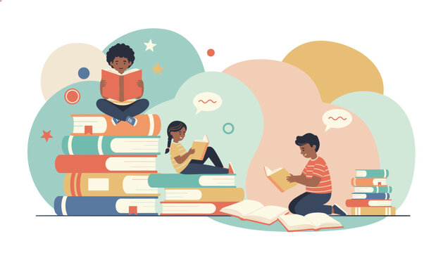 Group of diverse children enjoying reading books in a creative library setting with soft pastel color backgrounds.