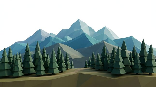 Low poly 3d rendered mountain landscape with pine trees and white background for digital design