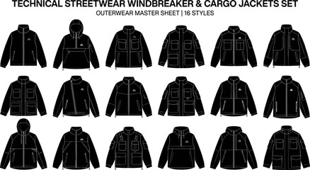 Technical streetwear windbreaker and cargo jackets set featuring 16 different styles of outerwear for fashion design © sakhina