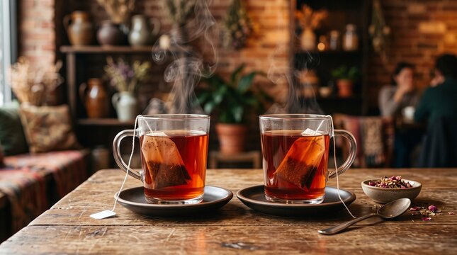 Two glass mugs of steaming hot herbal tea with teabags on rustic wooden table in cozy cafe, conveying warm relaxation and comfort