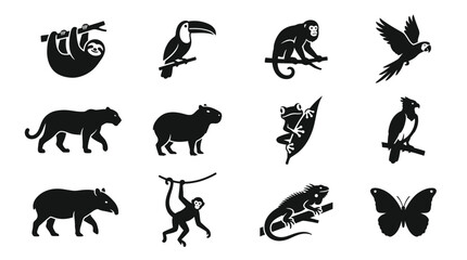 Obraz premium South American rainforest animal silhouette icon vector set