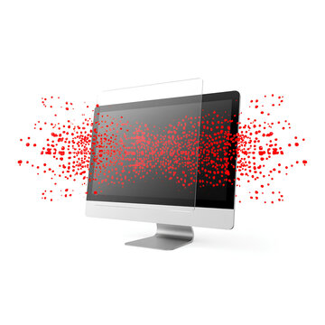 Computer screen displaying red digital particle network with computer particle technology connection abstract innovation electronic information floating computing