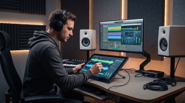 Sound engineer adjusting green digital audio waveforms on graphics tablet screen in modern recording studio, highlighting audio editing precision