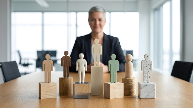 Diverse human resources figurines, standing on various pedestals and blocks, mature female manager in blurred background, bright corporate office boardroom, inclusion and talent management concept