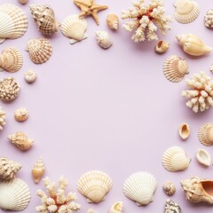 Obraz premium Top view of diverse marine shells, white coral pieces, and a starfish forming a circular border around central copy space on a light lavender purple background surface.