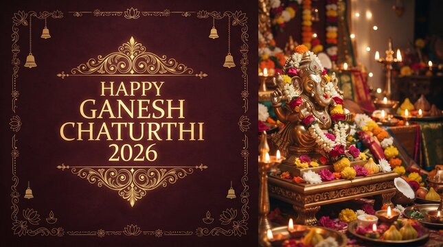 Ganesh chaturthi 2026 royal temple altar with golden idol and two ganesha murti with marigold and diya
