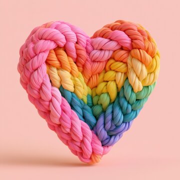 Chunky heart made of rainbow clay ribbons is displayed on a blush backdrop. The vibrant colors symbolize love and acceptance.