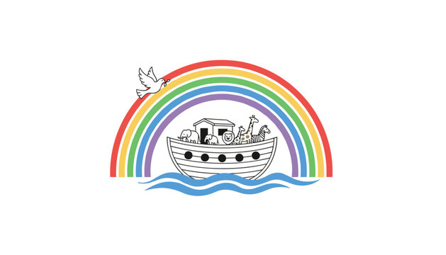Noah's Ark filled with cute cartoon animals floating under a large colorful rainbow with a white dove holding an olive branch.