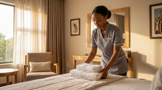 Professional hotel housekeeper organizing fresh white towels on a bed in a guest room