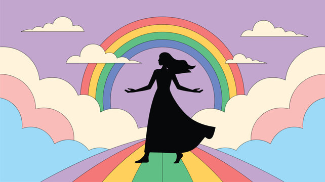 Dark silhouette of an elegant woman in a long dress walking on a colorful rainbow road through pastel clouds.