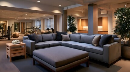 Obraz premium Modern lounge area with sectional sofa indoor plants and visible fitness equipment in background
