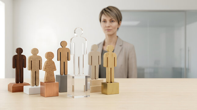 Diverse leadership figures, standing in alignment, variety of textures including glass and wood pedestals, clean office interior with woman, talent acquisition and team management strategy ideas, rec